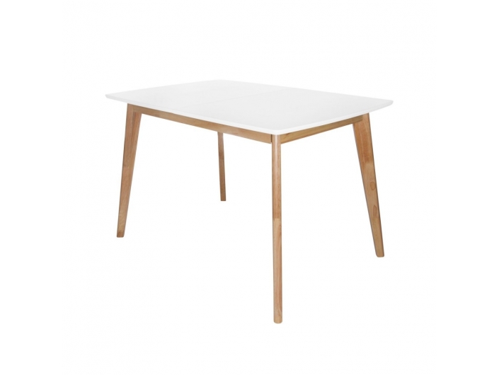Mesa extensible blanca rectangular y patas madera 120-160 cm  merkamueble