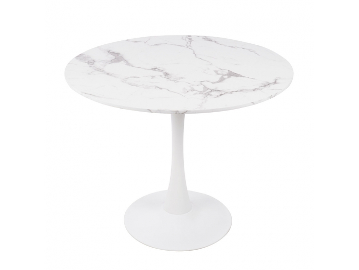 Mesa con efecto mármol blanca con pie central 90 cm  merkamueble