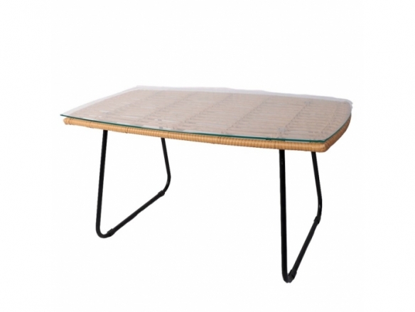Mesa de centro rectangular ratán con cristal y patas negras  merkamueble