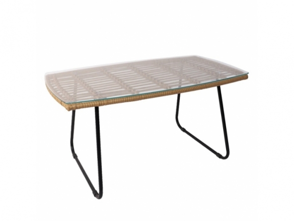 Mesa de centro rectangular ratán con cristal y patas negras  merkamueble
