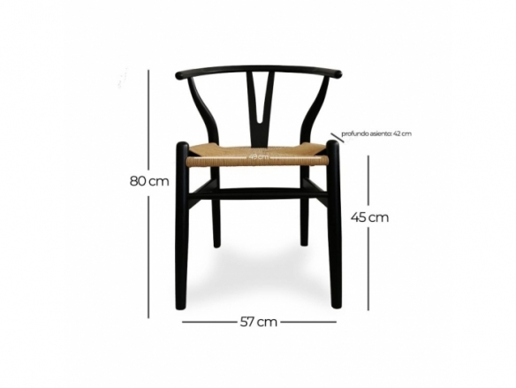 Silla madera de olmo lacado en negro y asiento de ratán trenzado  merkamueble
