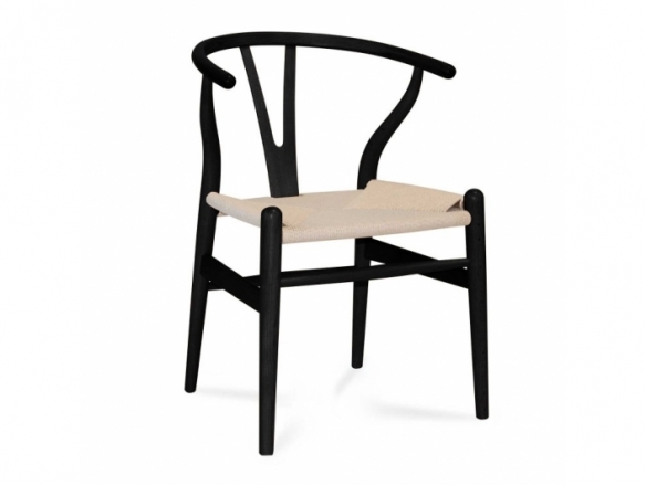 Silla madera de olmo lacado en negro y asiento de ratán trenzado  merkamueble