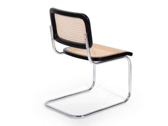 Silla negra con ratán natural y acero cromado  merkamueble