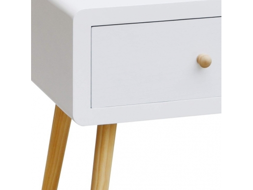 Mesita blanca con 1 cajón y patas de madera  merkamueble 2