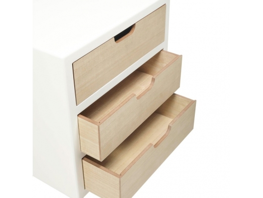 Mesita blanca con 3 cajones y patas de madera  merkamueble 2