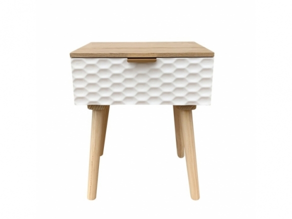 Mesita 1 cajón madera con frontal blanco geométrico y patas madera  merkamueble