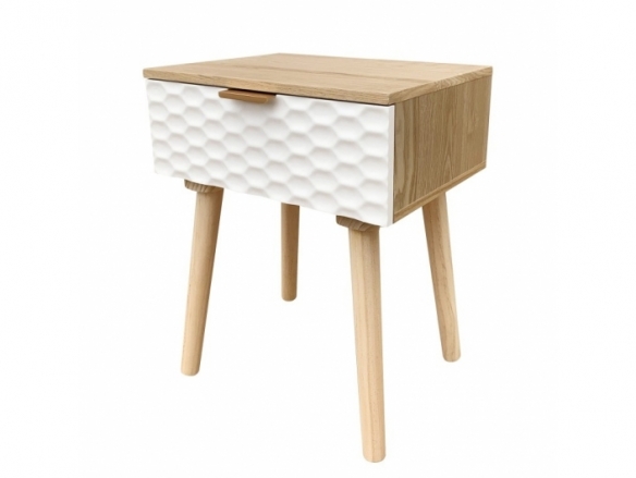 Mesita 1 cajón madera con frontal blanco geométrico y patas madera  merkamueble