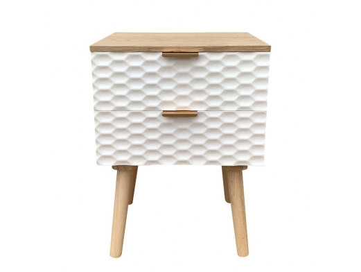 Mesita 2 cajones madera con frontal blanco geométrico y patas madera  merkamueble 2