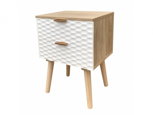 Mesita 2 cajones madera con frontal blanco geométrico y patas madera  merkamueble