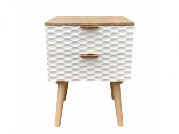 Mesita 2 cajones madera con frontal blanco geométrico y patas madera  merkamueble