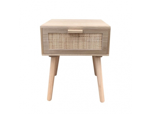Mesita 1 cajón madera con frontal ratán y patas madera  merkamueble 2