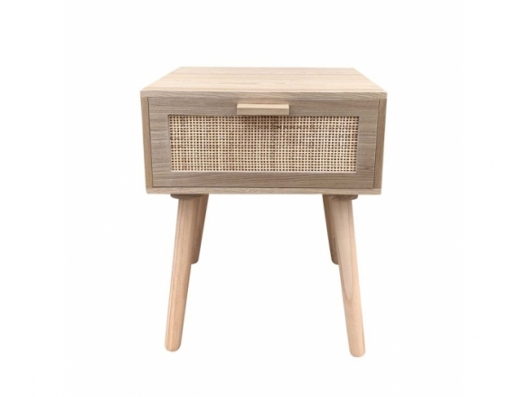 Mesita 1 cajón madera con frontal ratán y patas madera  merkamueble