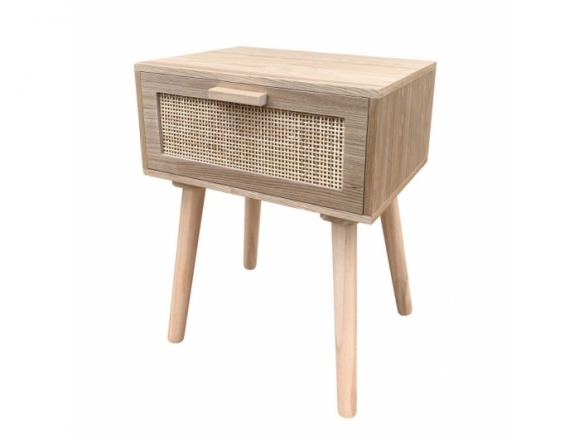 Mesita 1 cajón madera con frontal ratán y patas madera  merkamueble