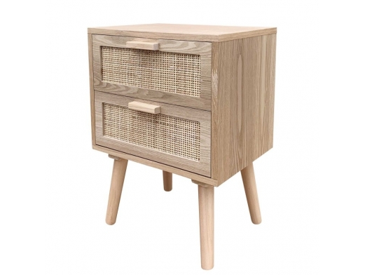 Mesita 2 cajones madera con frontal ratán y patas madera  merkamueble 2
