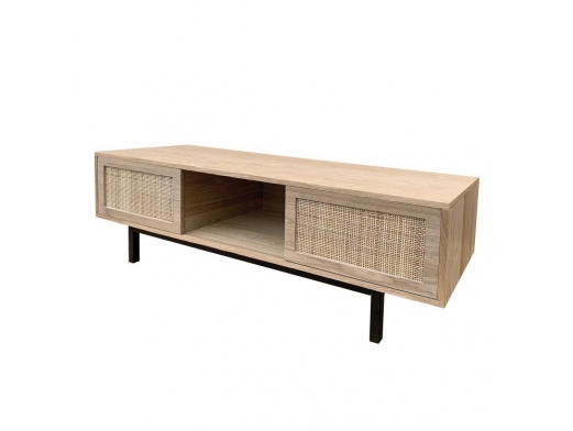 Mueble TV con 2 puertas y 1 hueco en madera con frontal ratán y patas metálicas negras  merkamueble 2