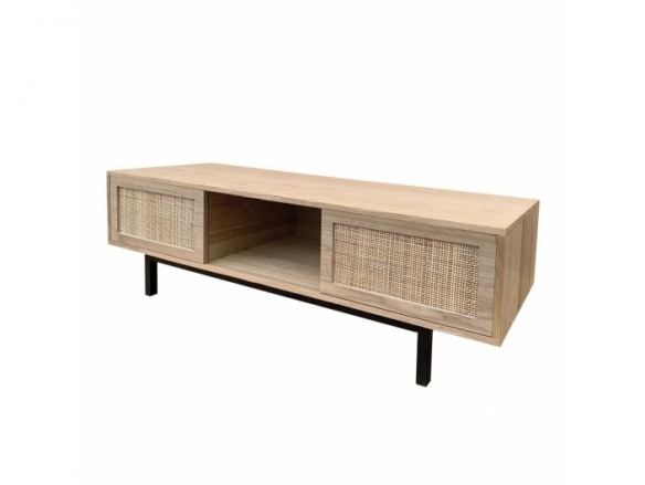 Mueble TV con 2 puertas y 1 hueco en madera con frontal ratán y patas metálicas negras  merkamueble