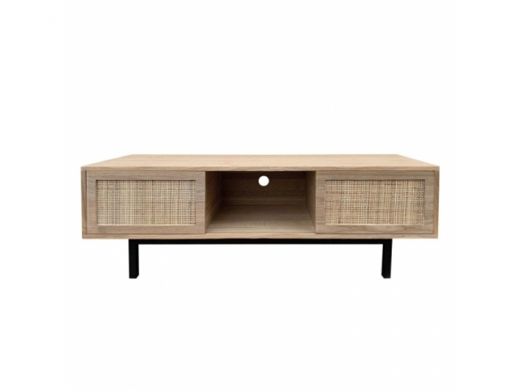 Mueble TV con 2 puertas y 1 hueco en madera con frontal ratán y patas metálicas negras  merkamueble