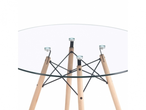Mesa redonda cristal con patas de madera 100 cm  merkamueble