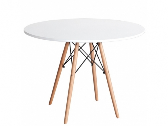 Mesa redonda blanca con patas de madera 100 cm  merkamueble