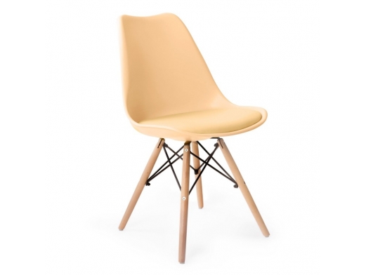 Silla beige con cojín fijo y patas de madera  merkamueble 2