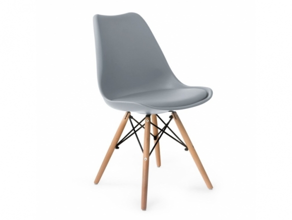 Silla gris con cojín fijo y patas de madera  merkamueble
