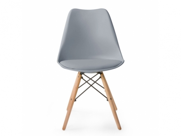 Silla gris con cojín fijo y patas de madera  merkamueble