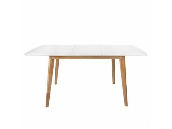 Mesa extensible blanca rectangular y patas madera 120-160 cm  merkamueble