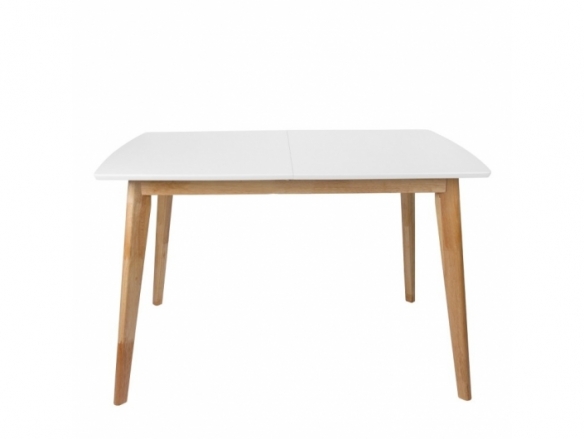 Mesa extensible blanca rectangular y patas madera 120-160 cm  merkamueble